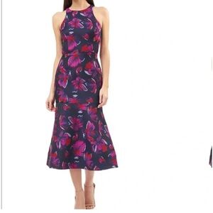 JS Collections Navy Floral Jacquard Midi Dress- size 6